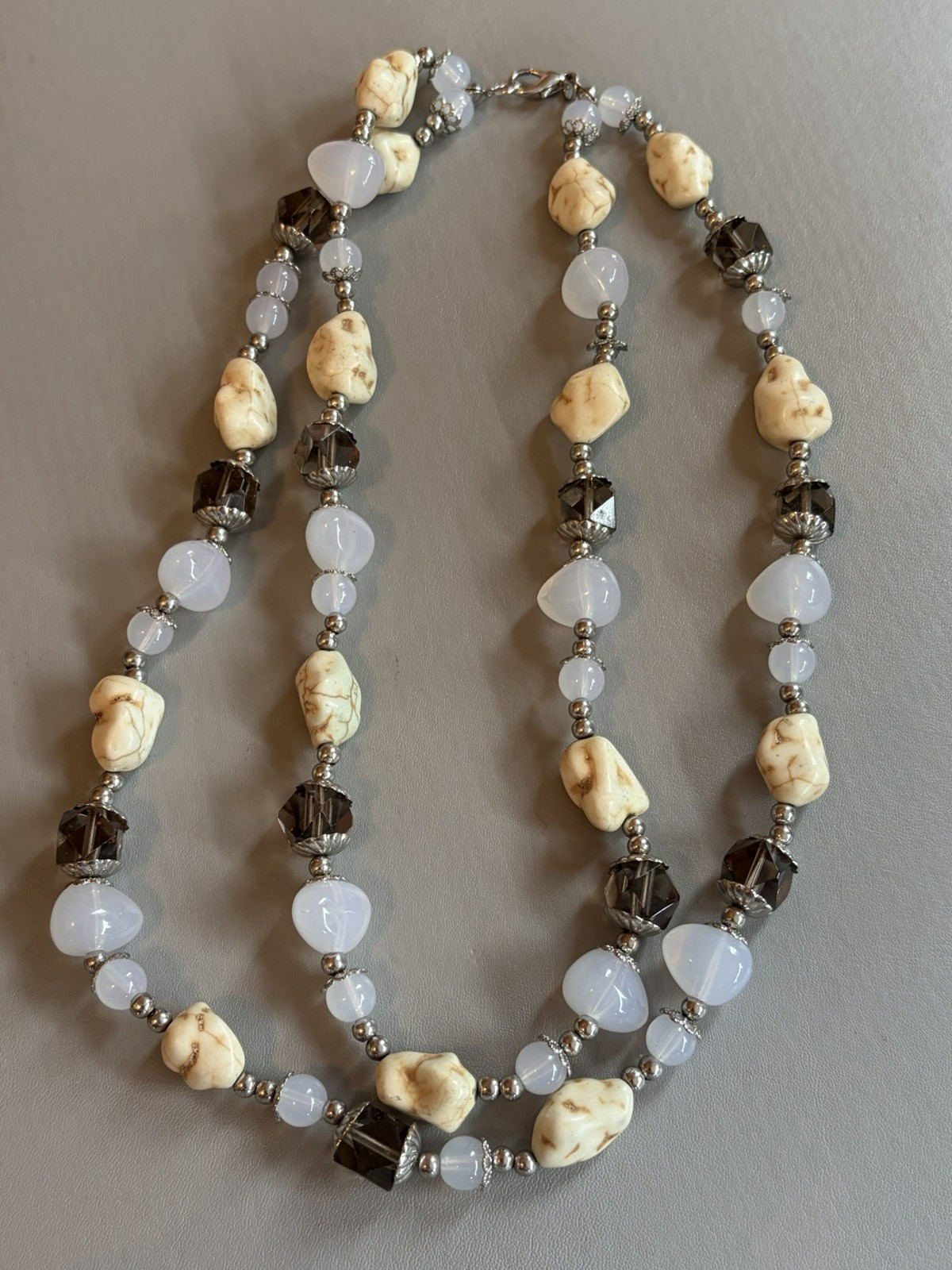 Vintage necklace stone nugget, crystal and glass double strand