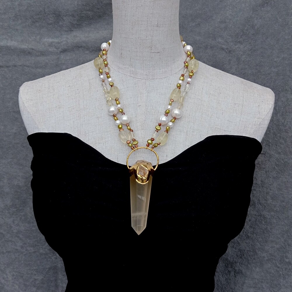 21″ 2 Rows White Pearl Brown Fancy Pearl Necklace Lemon Quartz Point Pendant