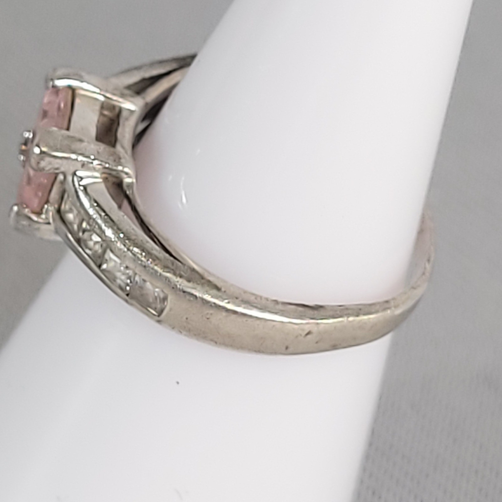 Sterling Silver 925 Pink Princess Cut Glass Ring Size 6 Clear Accents Jewelry