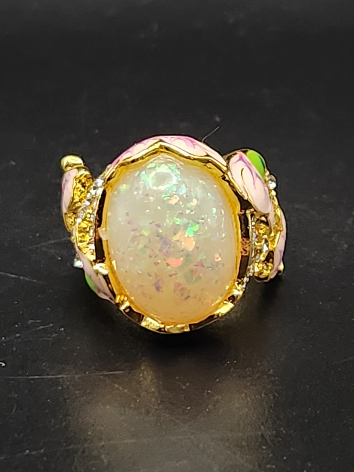 #0299 – 925 Sterling Silver Opal Look Floral Enamel Statement Ring Size 5 6.4g
