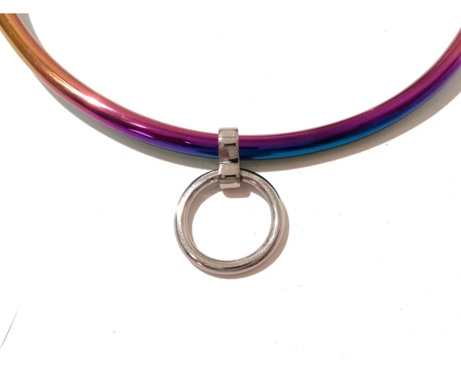 16″ 6mm Rainbow Petite Thin Locking Collar Stainless Curved Choker Collar w/Ring