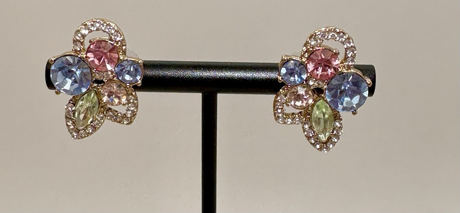 Givenchy Crystal Stud Earrings Gold Tone Pink Blue Green Rhinestone NWT Card
