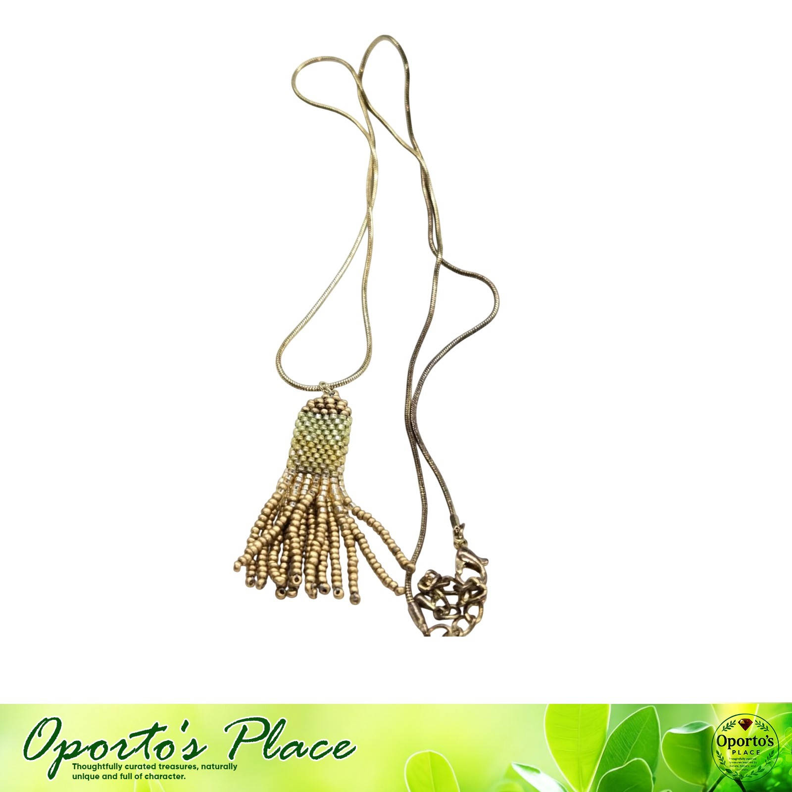 Artisan Made Necklace Seed Bead Tassle Pendant Long Goldtone Adjustable Chain