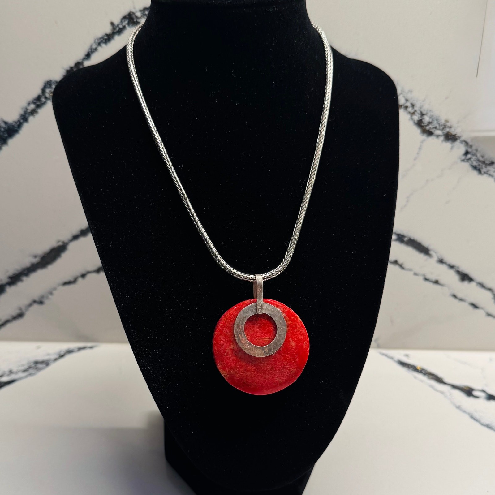 Statement Red Resin Circle Pendant Necklace Silver Tone Snake Chain Modernist