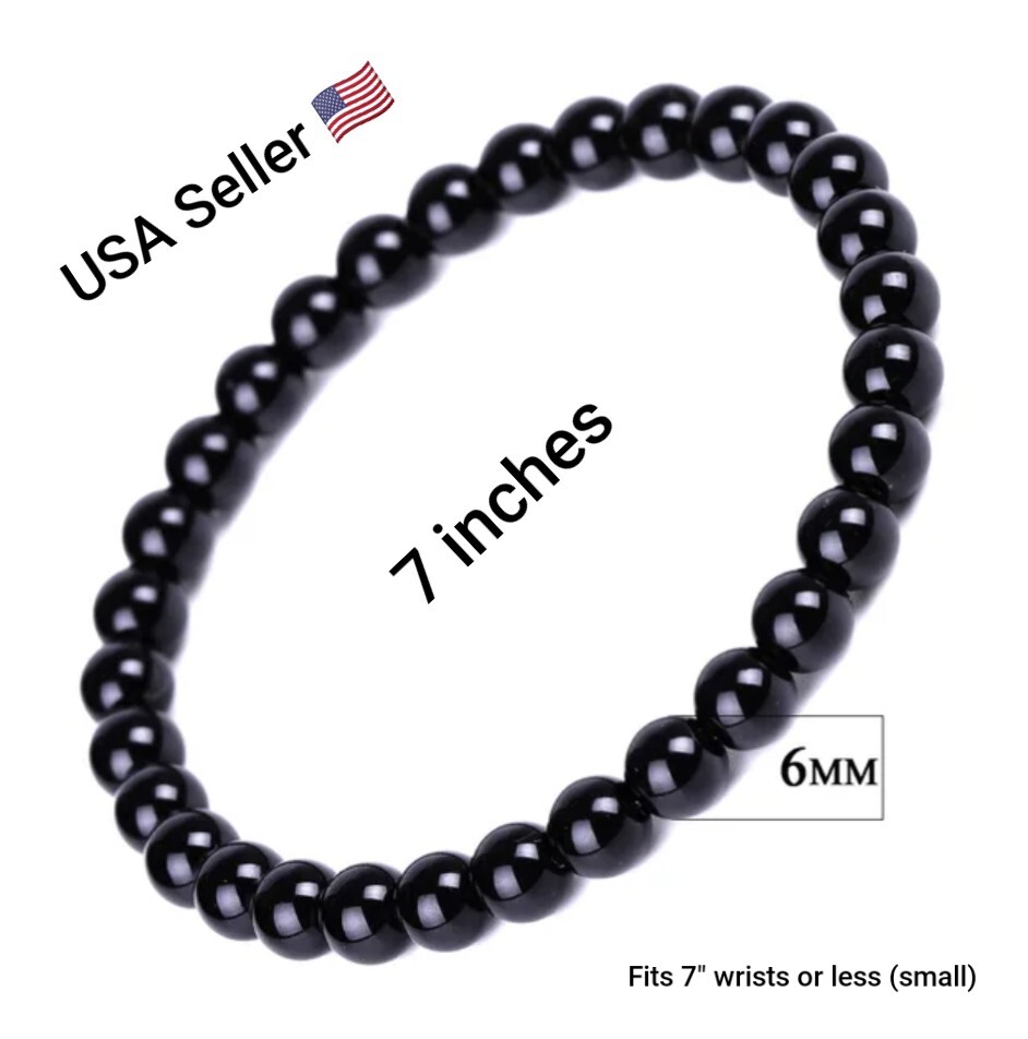 Beaded Bracelet 6mm Natural Stone Beads Men’s Gorgeous Semi-Precious Black Onyx