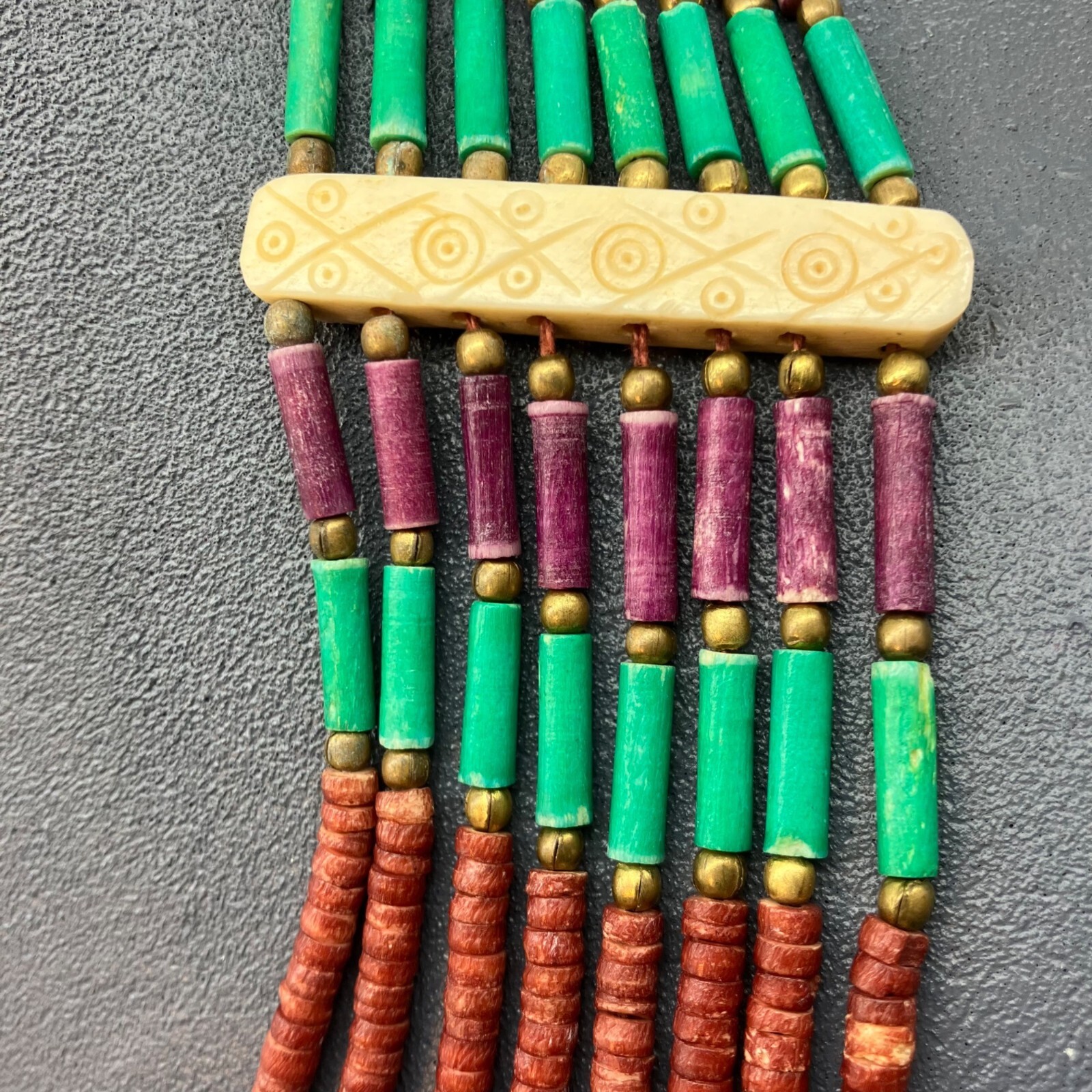 Seven Strand Statement Necklace Ivory Bar Purple Green Maroon Gold Round Button
