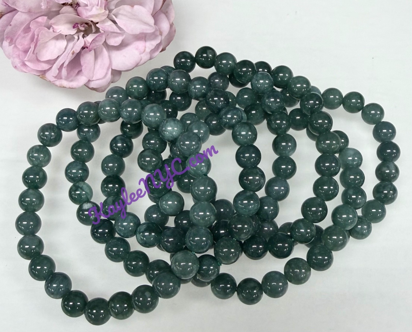 Wholesale 6 Pcs Natural Dark Green Burma Jade 7.7mm 7.5” Crystal Bracelet