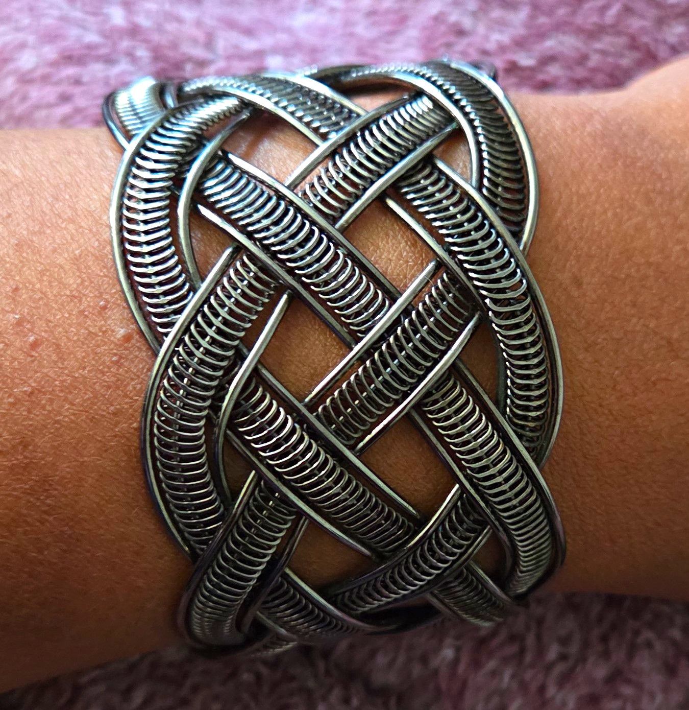 Silver Tone Metal Braided Cuff Bracelet Woven Design No Stone Less Than 8in