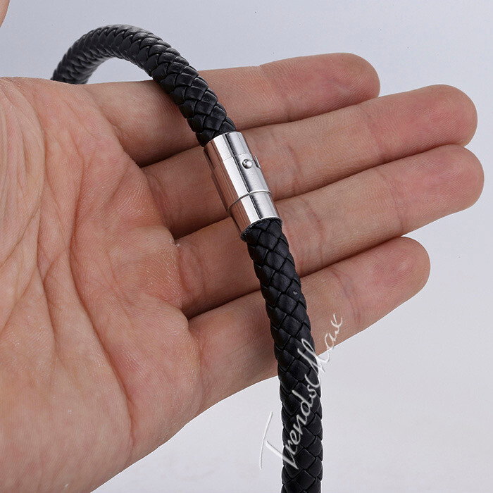 4/6/8MM Mens Black Braided Cord Rope Leather Necklace Choker w/ Magnetic Clasp
