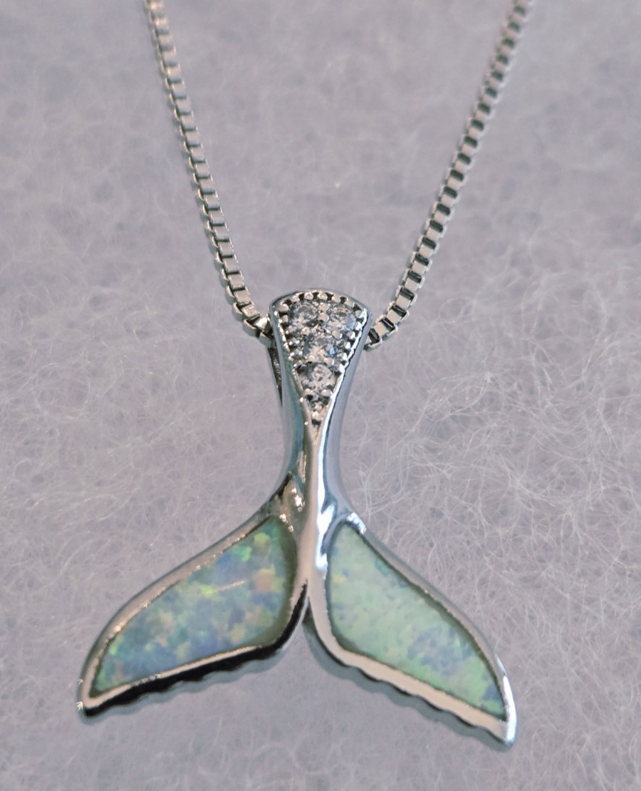 Whale Mermaid Tail Necklace Rhinestone Opal Inlay Ocean Sea Nautical 925 Plated