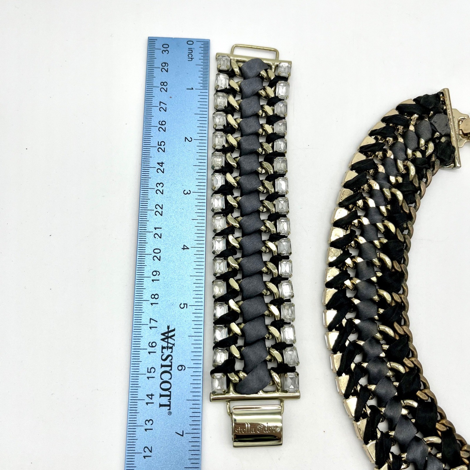 Retired Stella & Dot Bib Necklace & Bracelet Statement Chain Ribbon Rhinestone