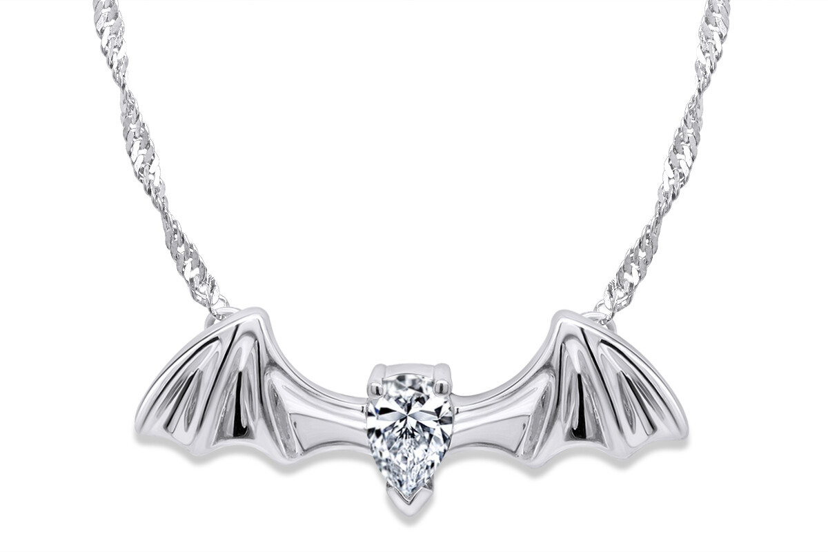 Flying Austin Bat Pendant 18″ Necklace Sterling Silver Pear Simulated Birthstone