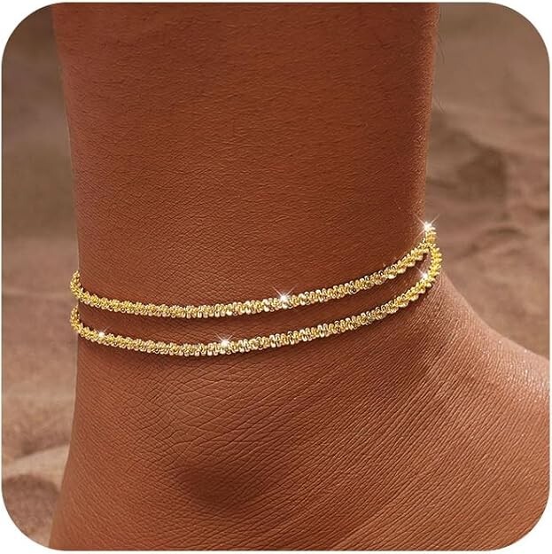 14K Gold/Silver Layered Anklets for Women – Waterproof Sparkly Beach Jewelry