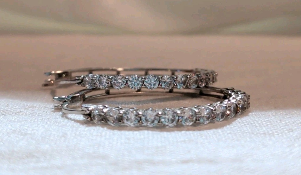 JCM 925 Sterling Silver CZ Channel Set Hoop Earrings Cubic Zirconia Sparkle