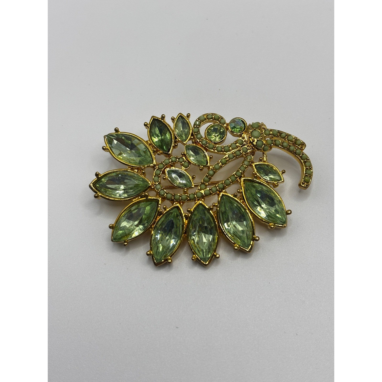 Sonoma Life + Style Green Crystal Gold Tone Floral Brooch Pin Marquise Stones
