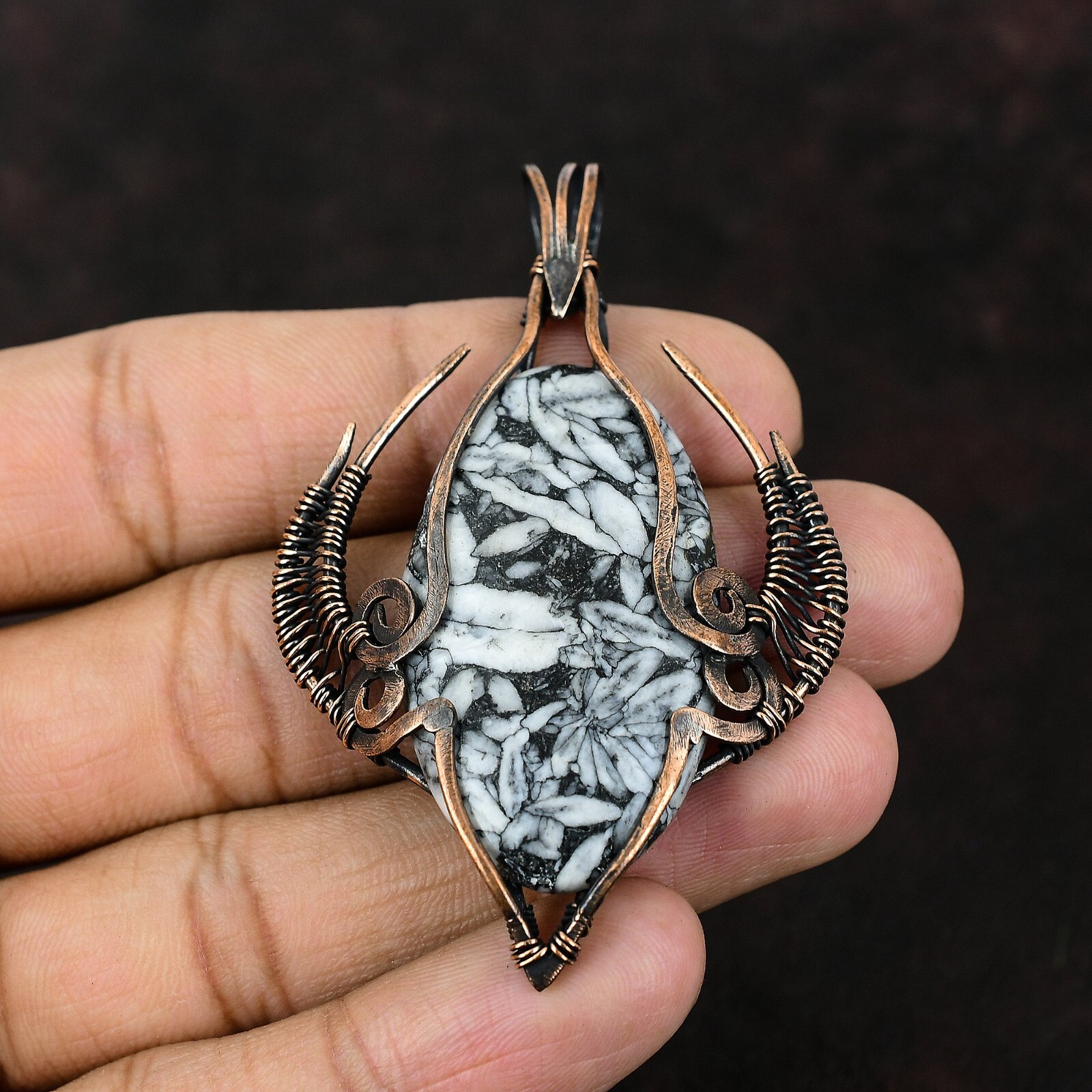 Pinolith Jasper Gemstone Jewelry Copper Bestie Gift Wire Wrapped Pendant 2.91″