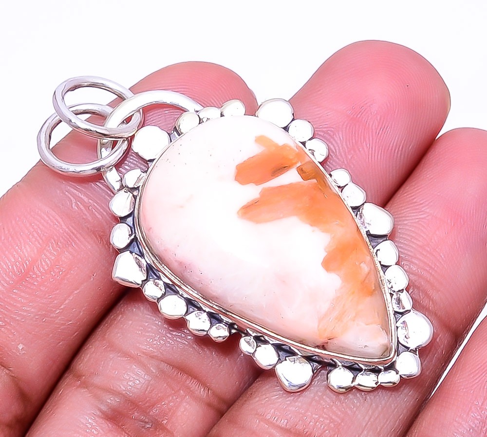 Orange Scolecite – India Designer Handmade 925 Sterling Silver Pendant 1.95″ P40