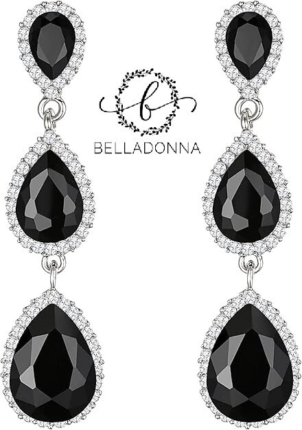Austrian Crystal Teardrop Pear Shape 2.5 Inch Silver Tone Deep Black French Wire