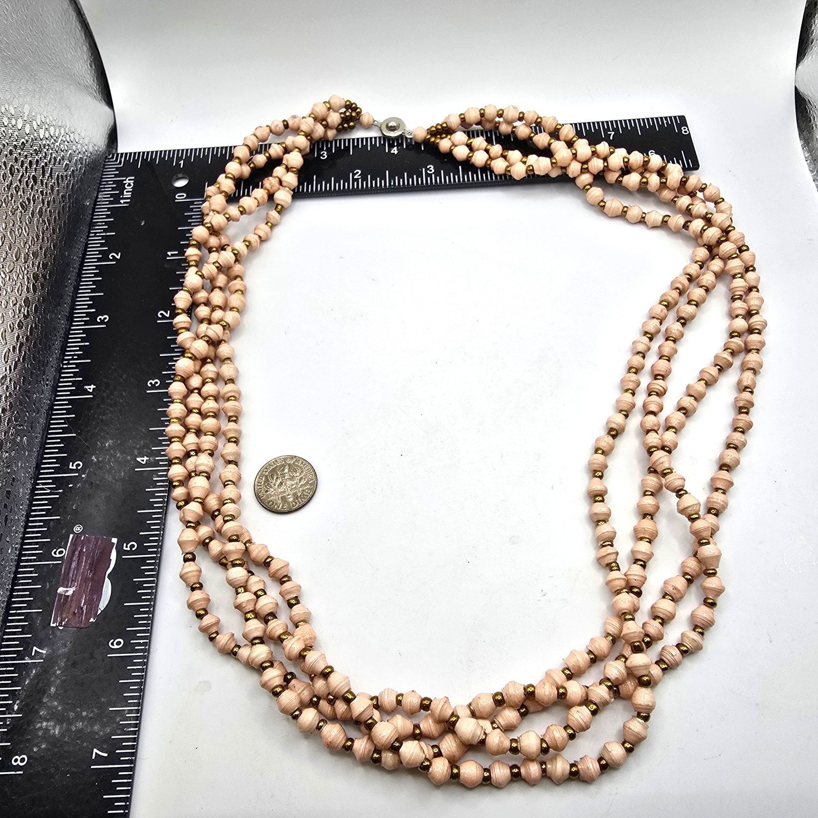 Vintage Necklace Bicone Soft Pink Bead Four Strand Brass Tone Spacer 24″ SKU2285