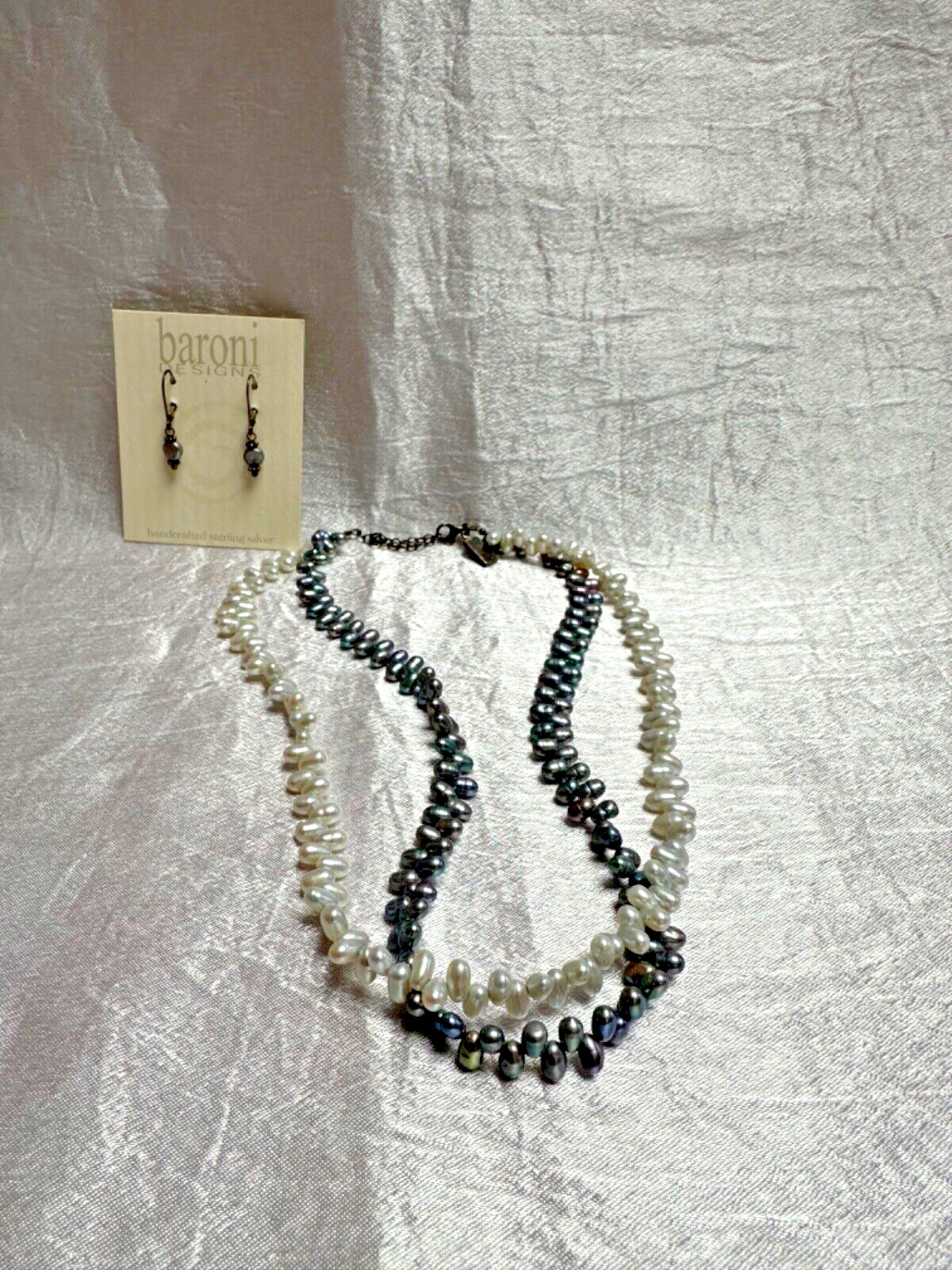 BARONI DESIGNS FRESHWATER PEARL NECKLACE & EARRING SET BLACK WHITE