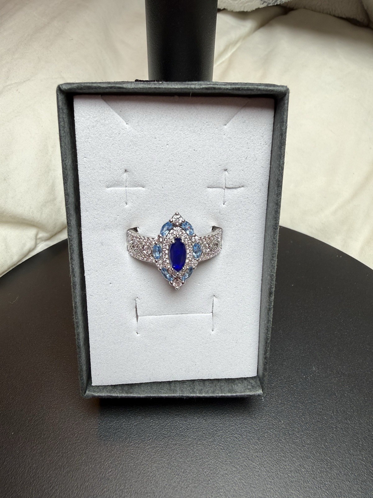 Rhodium Plated Lab Blue Sapphire & Quartz Marquise Cocktail Ring Size 10 RG28104
