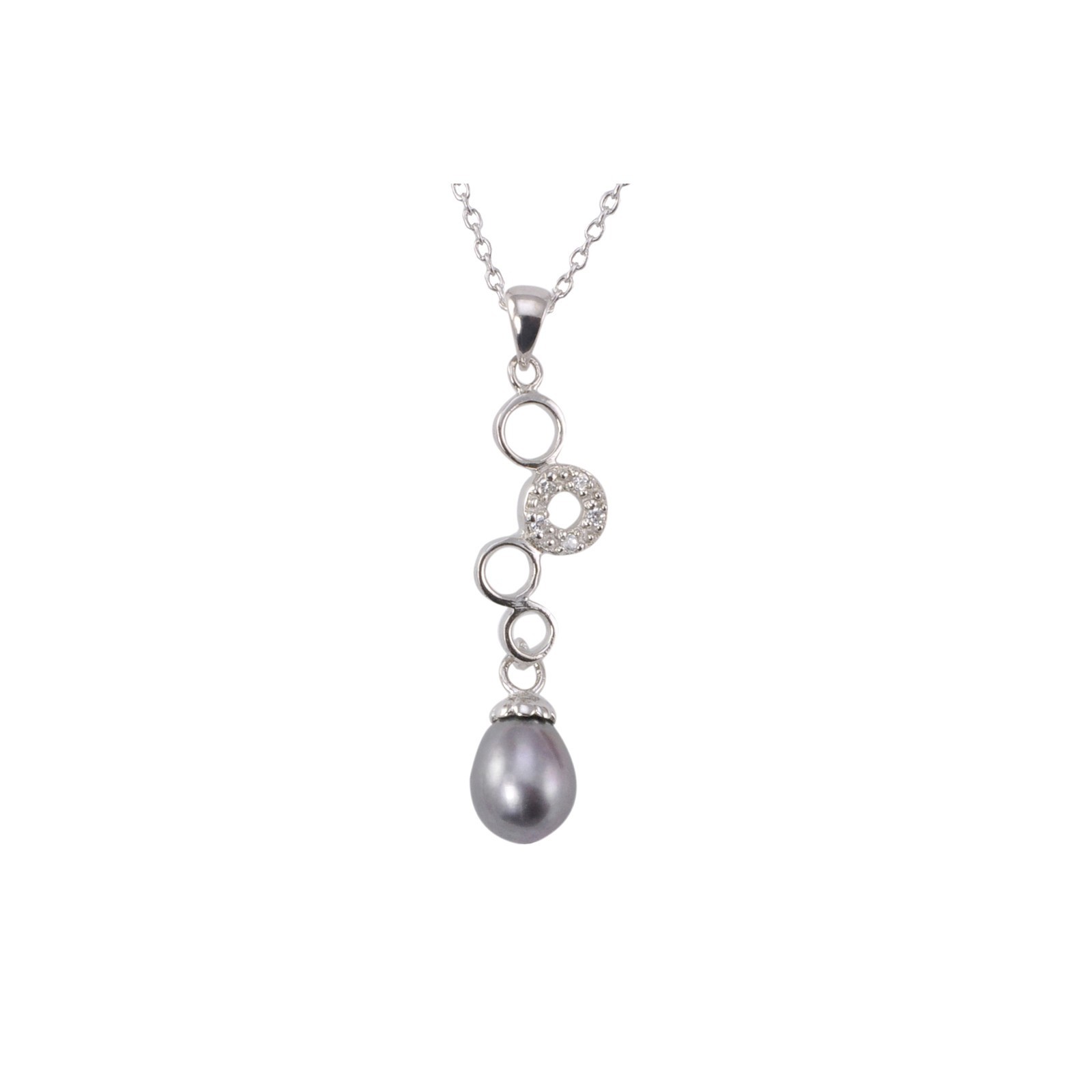 Black Pearl Necklace with 4 Circles White CZ .925 Sterling Silver, 18″ Chain