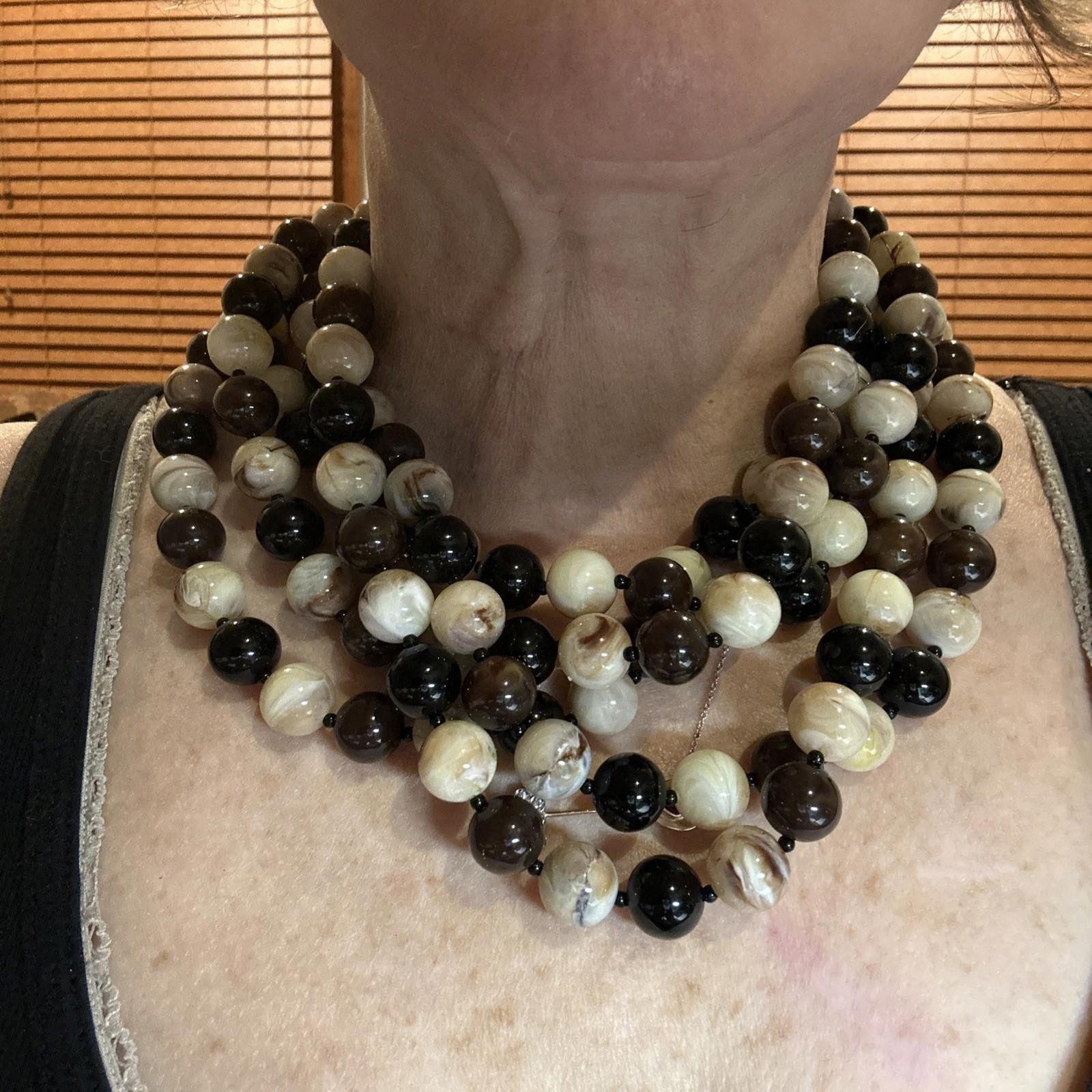 Angela Caputi Huge Multi Strand Black Brown Beige Beads Resin Necklace 18”
