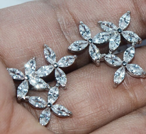 Pretty New Silver Filled Clear White Marquis CZ Triple Flower Stud Earrings