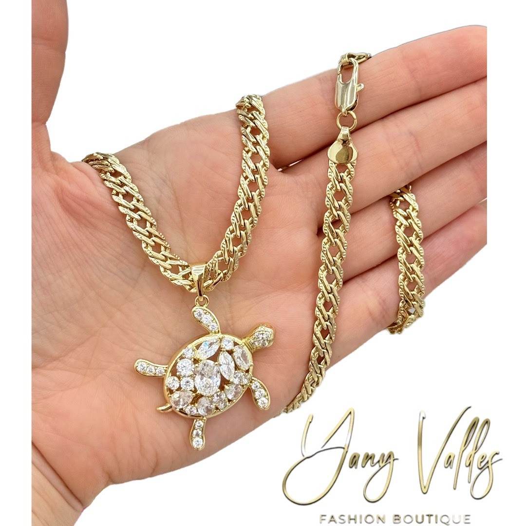 18” Spanish Link Chain Turtle Pendant Clear CZ 14K Gold Filled Necklace