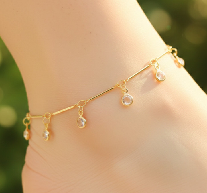 Elegant 18K Gold Plated Brass Anklet Minimalist Dangle Clear CZ Stone Chain