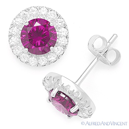 Round Cut Simulated Ruby Cubic Zirconia Halo .925 Sterling Silver Stud Earrings