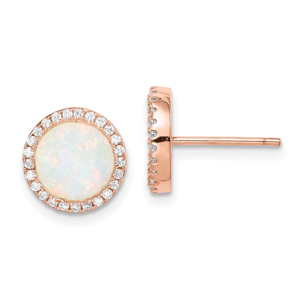 10.1mm Sterling Silver Pink Simulated Opal & CZ Round Halo Post Earrings