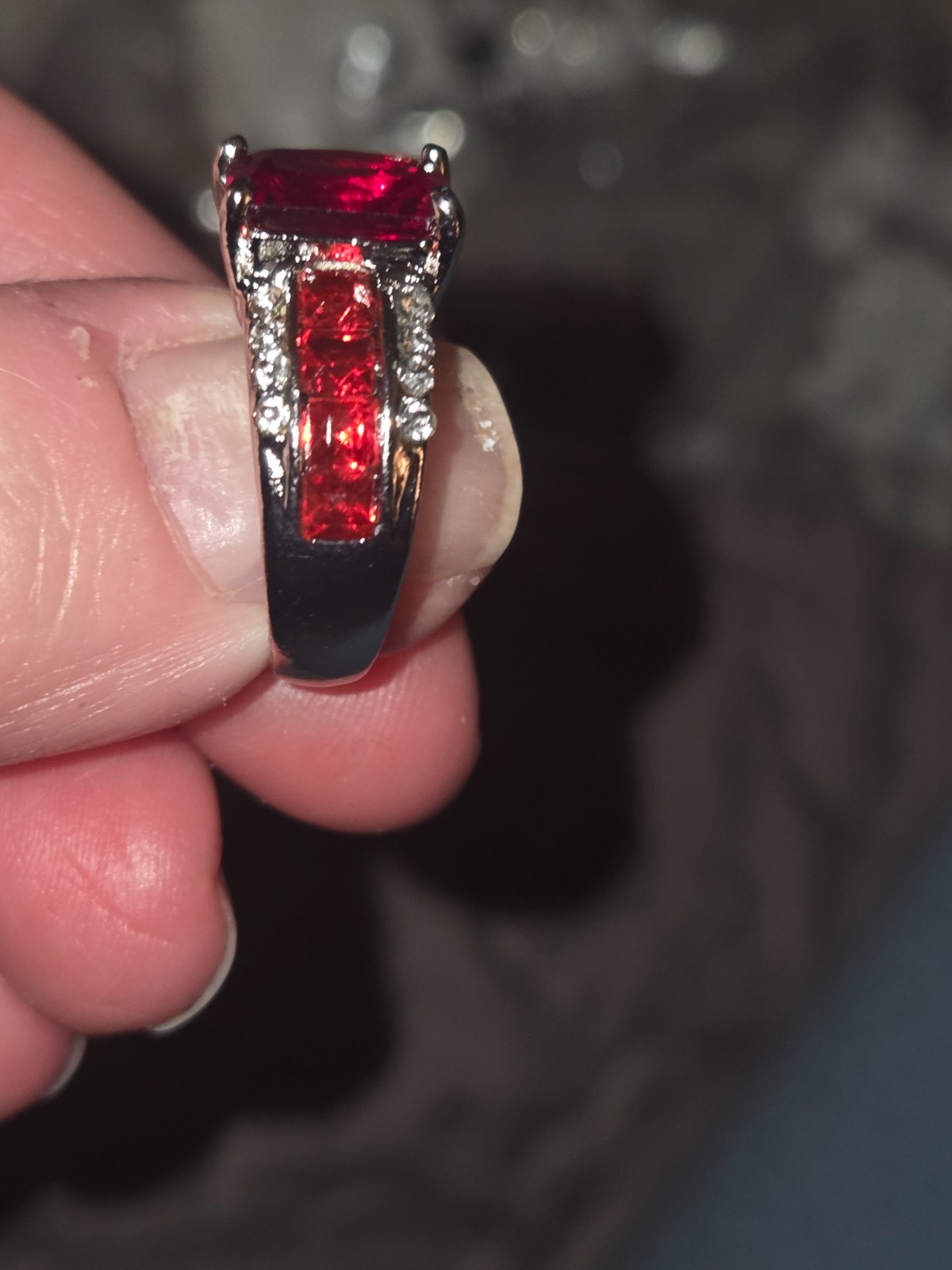 Beautiful fashion created ruby split shank ring side diamonds size 6 silver