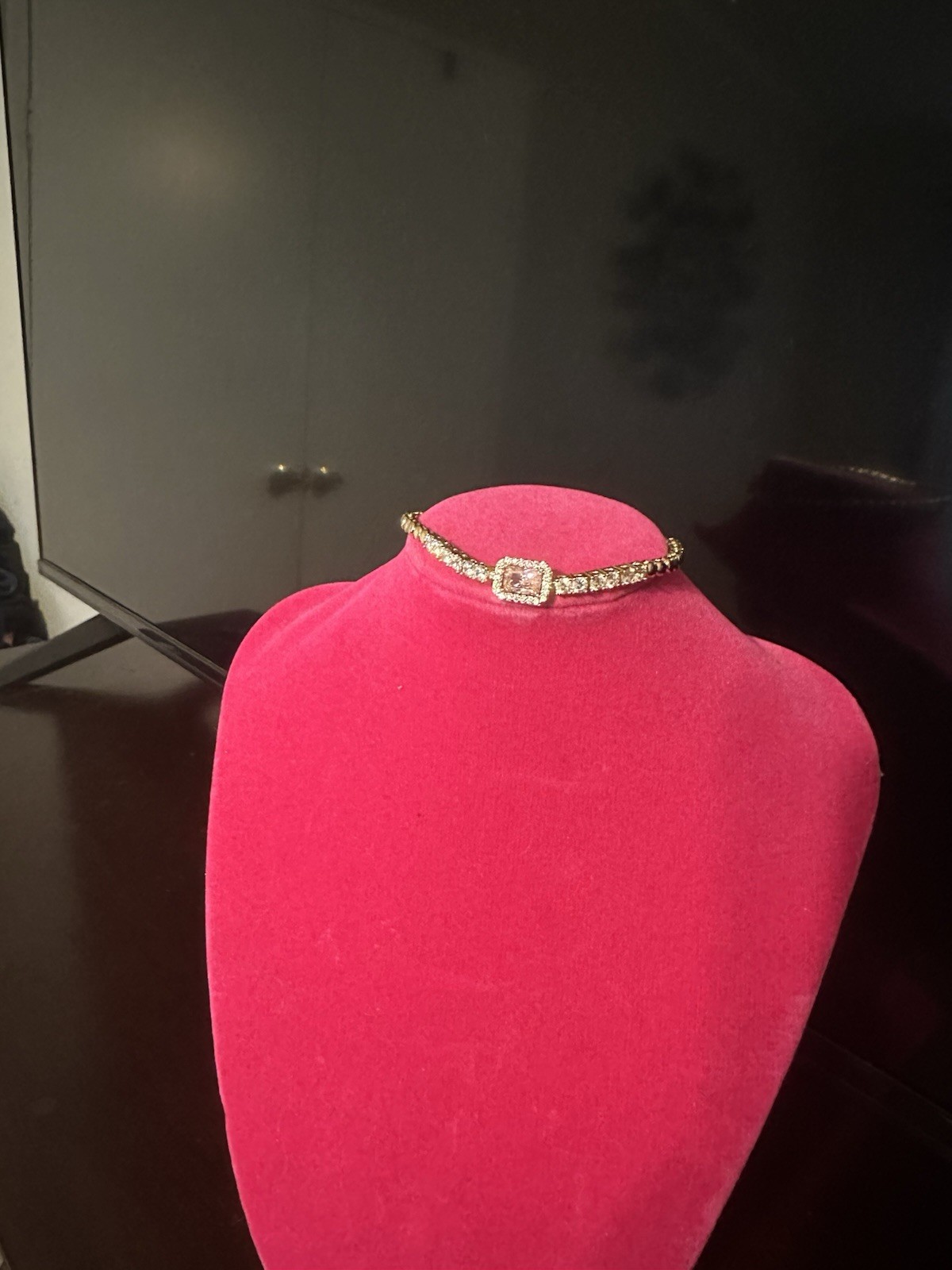 14k gold plated bracelet , White Crystal Round Stones, Square Center pink
