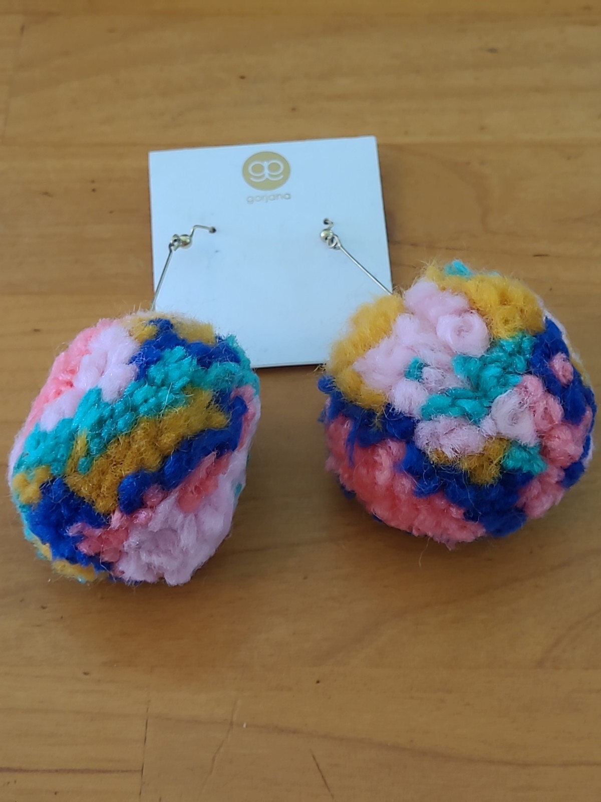 Gorjana Multicolor Pom Pom Dangle Earrings Gold Tone Knit Yarn Statement Boho