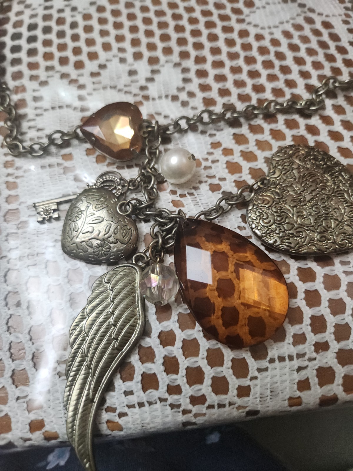 Boho Charm Statement Chain Necklace Vintage Style Hearts Beads Wing Key
