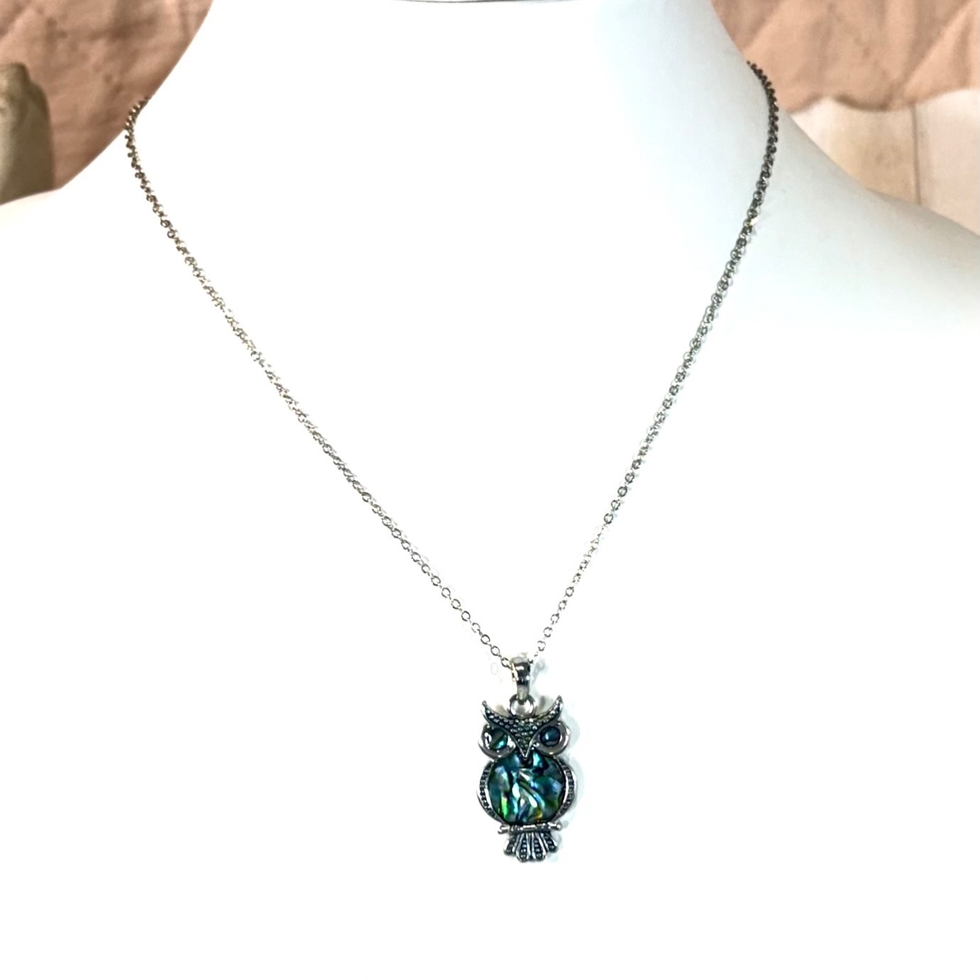 Cute Iridescent Abalone Shell Owl Pendant Necklace With Hinged Box