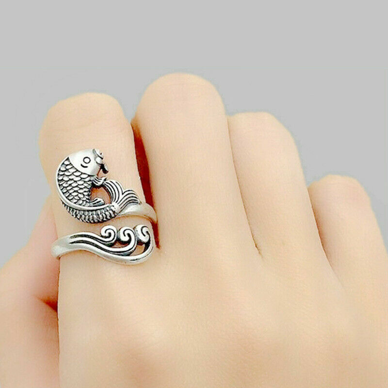 Elegant 925 Sterling Silver Charm Fashion Jewelry Koi Fish Ring One Size Fit All