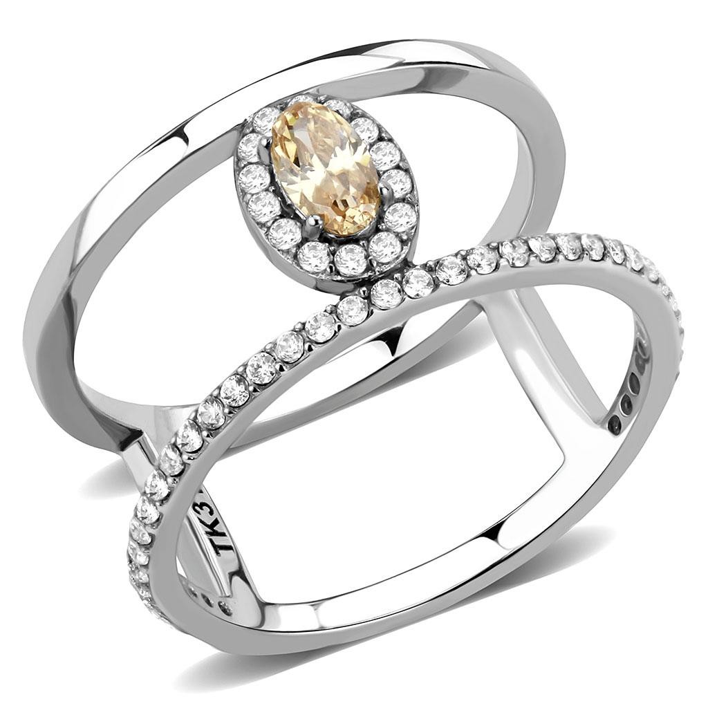Women’s Ring, Champagne CZ, Stainless Steel, Halo, Split Shank, Statement