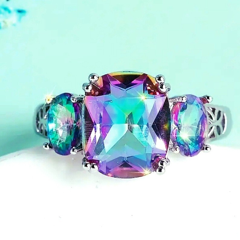 925 Sterling Silver Rainbow Mystical Fire Topaz Wedding Engagement Ring Size 9
