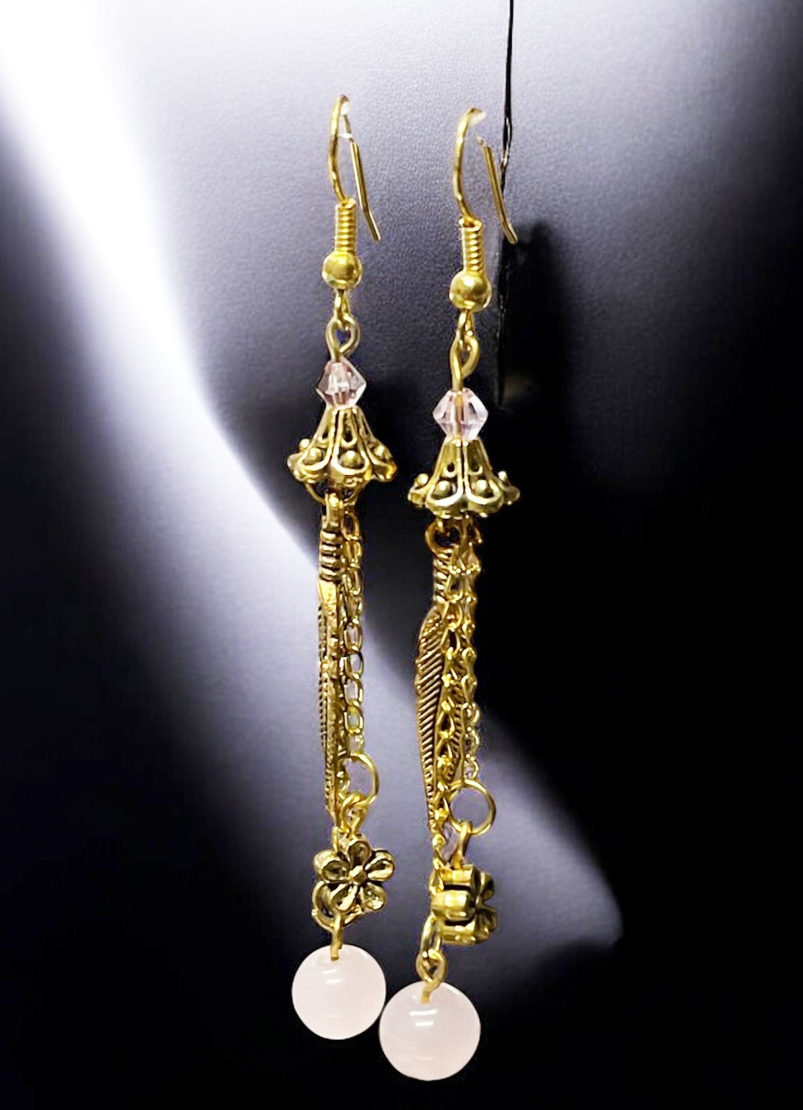 Rose Quartz with Charms Brass Color Earrings Handmade Dangle Jewelry