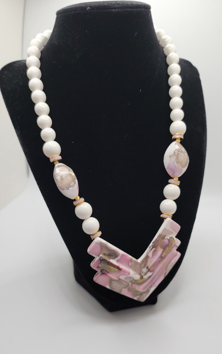 Vtg Necklace Statement Chunky Beads Japan Ceramic Pink White Gray Arrow Pendant