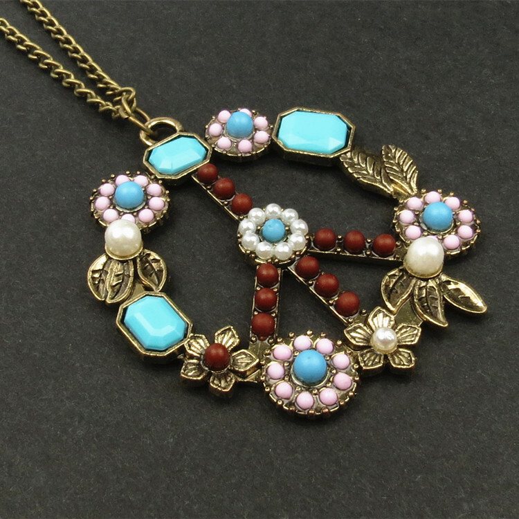 Vintage Long Statement Choker Necklace with Antiwar Peace Sign Pendant