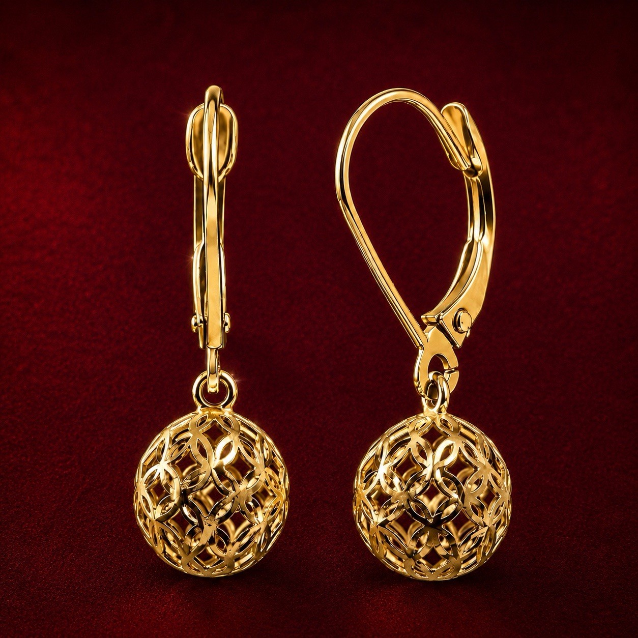 Luxury 14K Yellow Gold Filigree Ball Drop Earrings Leverback 24mm Dangle New