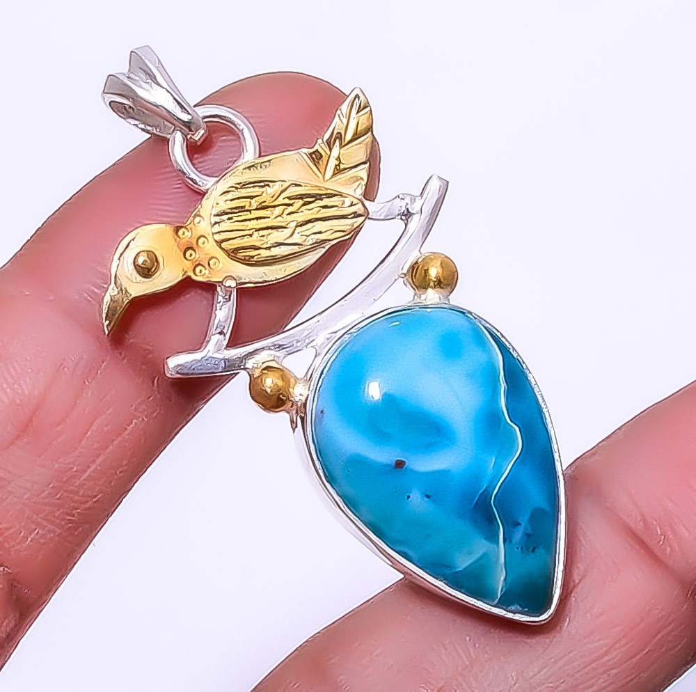 Larimar – Artistic 925 Sterling Silver Gold Plated Bird Pendant 1.79″ A320
