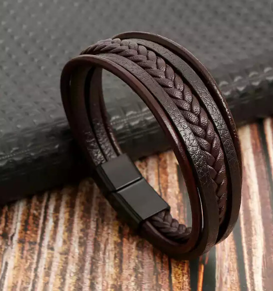 Stainless Leather Bracelet 8″ Unisex Brown Braided Magnetic Clasp Jewelry 21cm