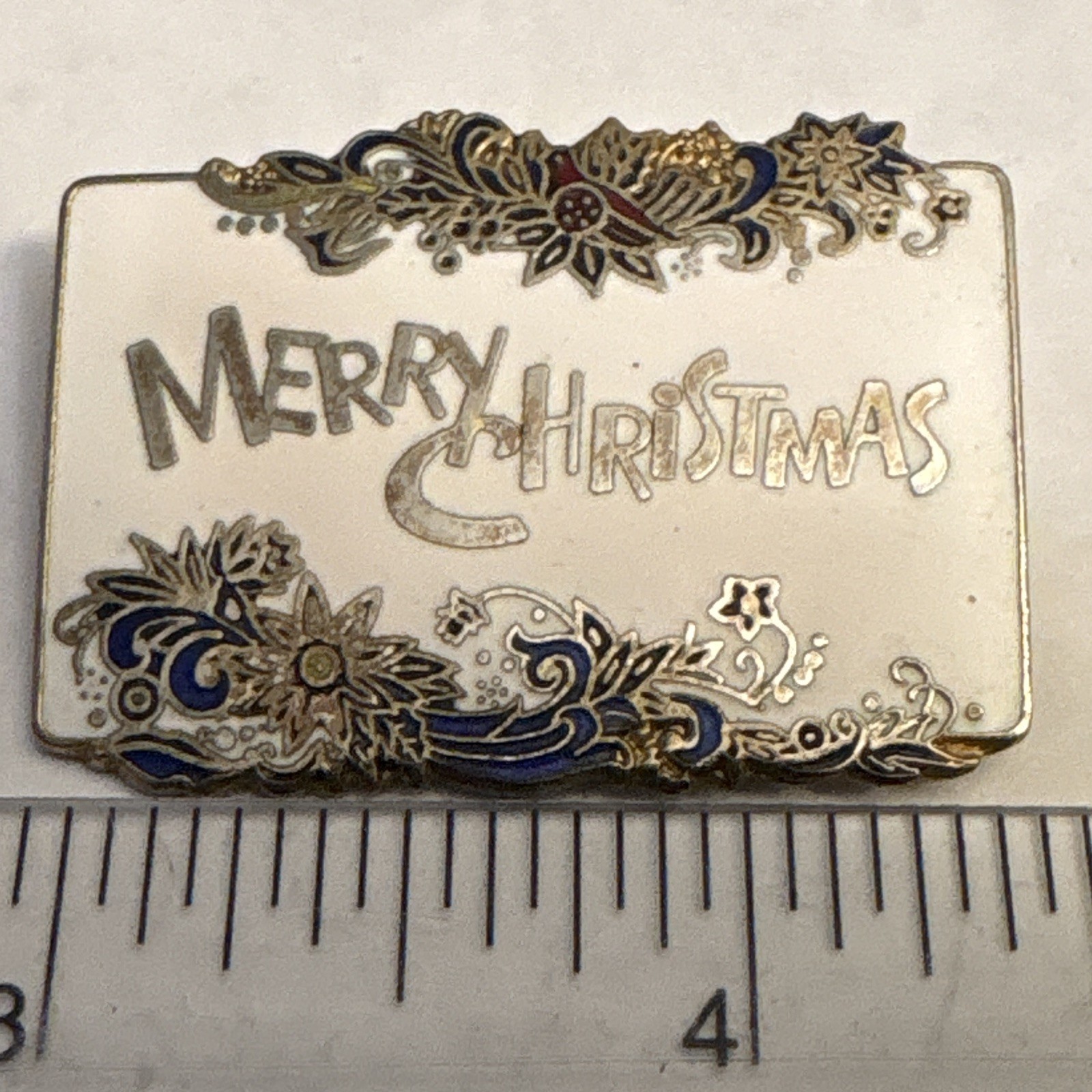 Signed Merry Christmas Rectangle Enamel Brooch Pin Gold Tone 2in Centennia 1979