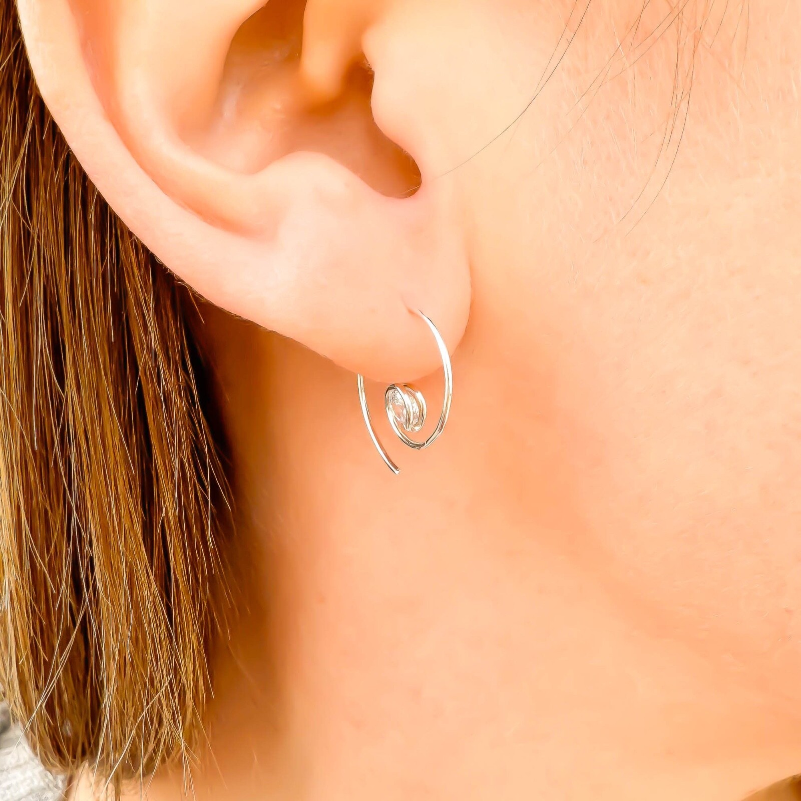 925 Sterling Silver Spiral Threader Hoop Earrings & CZ, 20 gauge 28mm Diameter