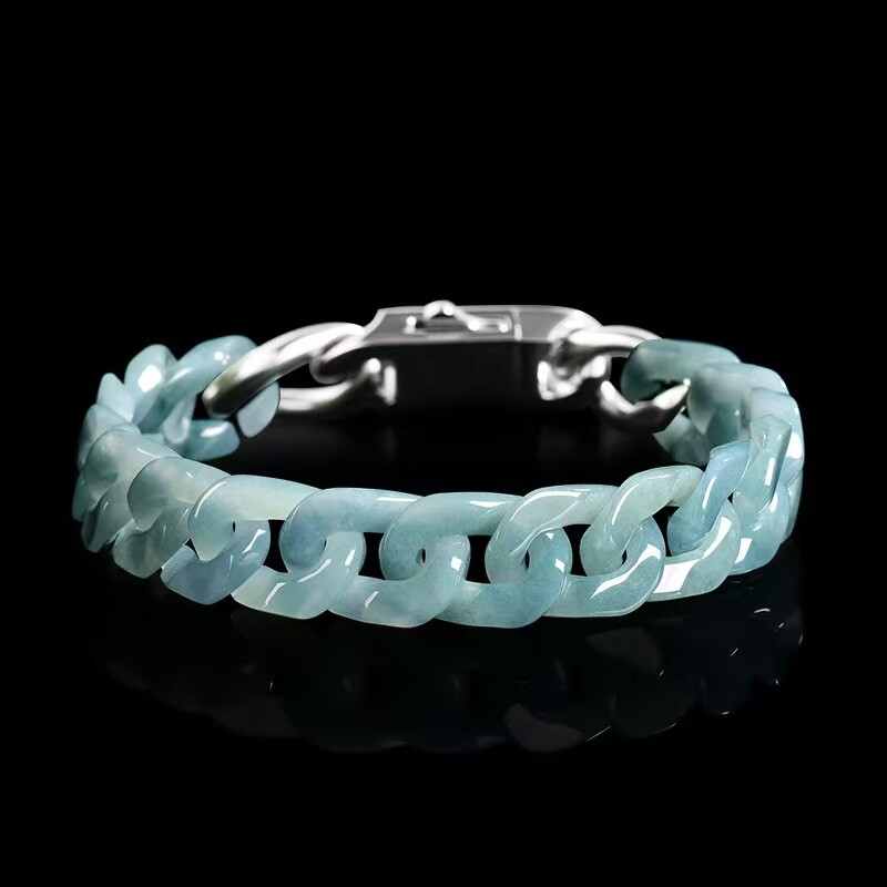Real Grade A 100% Natural Blue Jade Jadeite Cuban Curb Link Bracelet 5.9-8.3inch