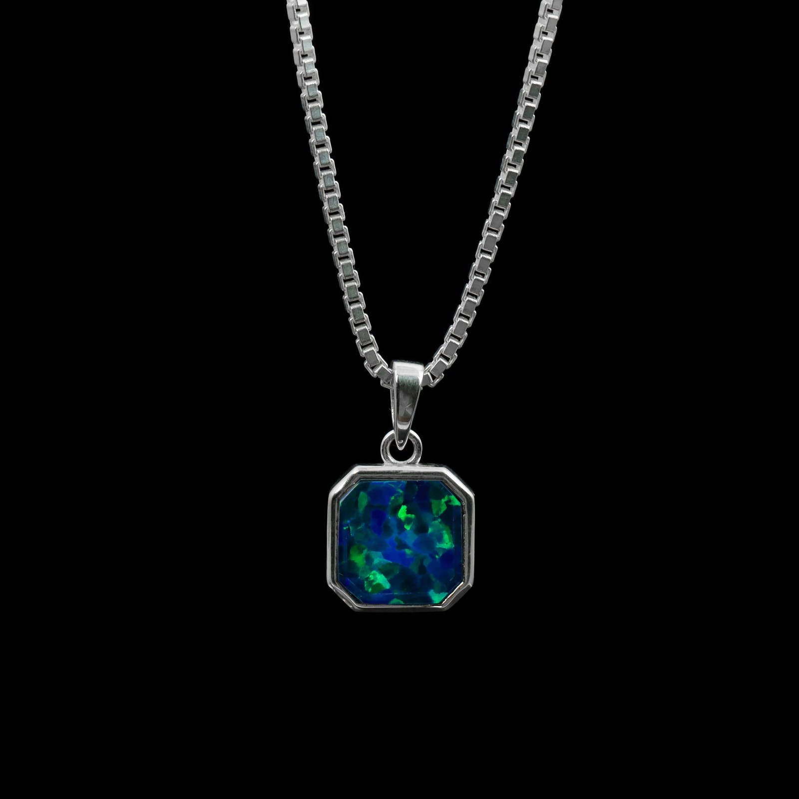 Men’s Octagon Blue Fire Opal Pendant in Polished 925 Sterling Silver Jewelry